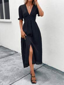 SHEIN VCAY 深V領荷葉袖高衩洋裝 - 黑色 - 查看 1