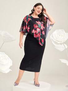 Modelyn 大碼印花斗篷袖後背開衩洋裝 - 彩色 - 查看 3