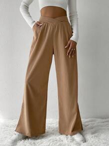 SHEIN Unity Asymmetrical Waist Wide Leg Pants - Khaki - View 4