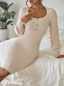 SHEIN Clasi 正面鈕扣插肩袖毛衣洋裝 - 米色 - 查看 6