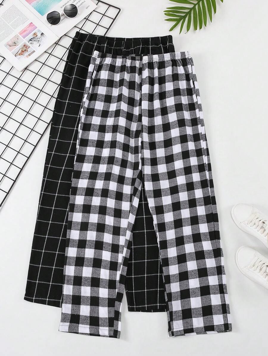 男士2入組格紋印花睡褲 - 黑與白 - 查看 1