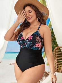 SHEIN Swim Curve Summer Beach Plus Tropical Print Ruched One Piece Swimsuit