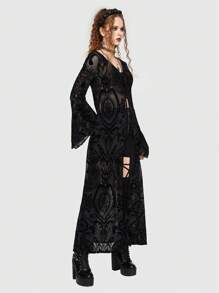 ROMWE Goth In hoa Tie Trước Kiểu Dài Áo - màu đen - Xem 6