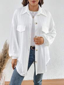 SHEIN LUNE Drop Shoulder Flap Detail Button Front Coat - White - View 3