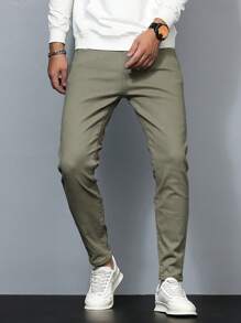 Manfinity Homme Men Solid Slant Pocket Skinny Jeans Slim Fit Long Washed Skater Jean Cargo Plain Olive Green Work Business Casual Husband - Olive Green - View 6