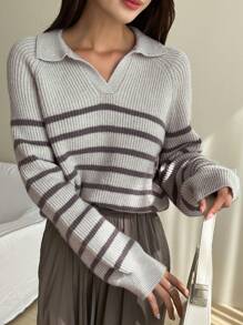 DAZY Mẫu sọc Tay Raglan Áo len - Xám - Xem 2