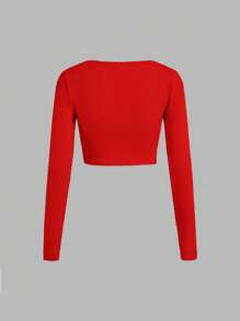 SHEIN MOD 方領前接縫不對稱下擺短款T恤 - 紅色 - 查看 2