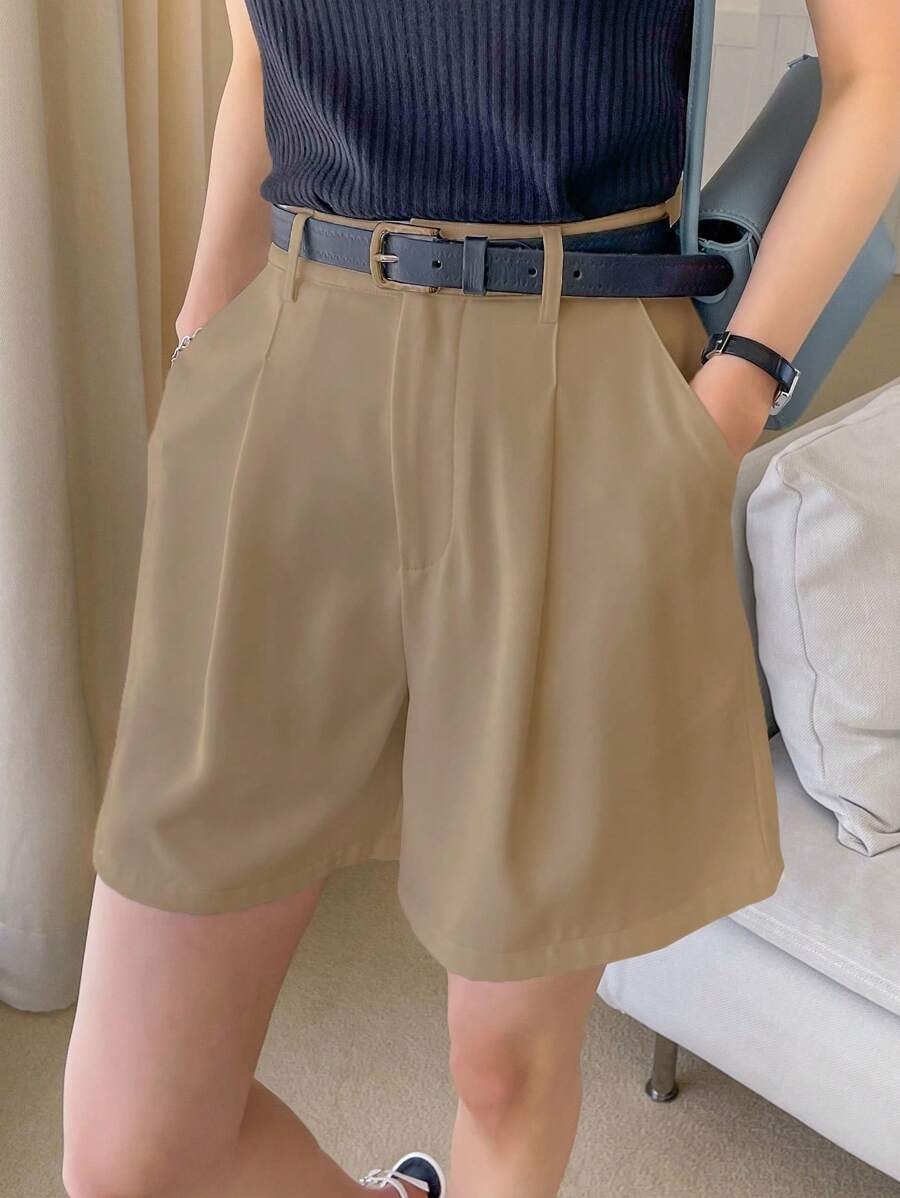 DAZY Slant Pocket Plicated Detail Wide Leg Shorts Without Belt - Camel - View 1