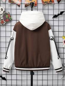 SHEIN 男大童萬聖節字母圖案條紋飾邊落肩袖學院風夾克無連帽衫 - 彩色 - 查看 2