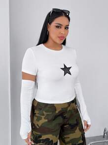 SHEIN EZwear Plus Star Print Tee With Arm Sleeves - White - View 4