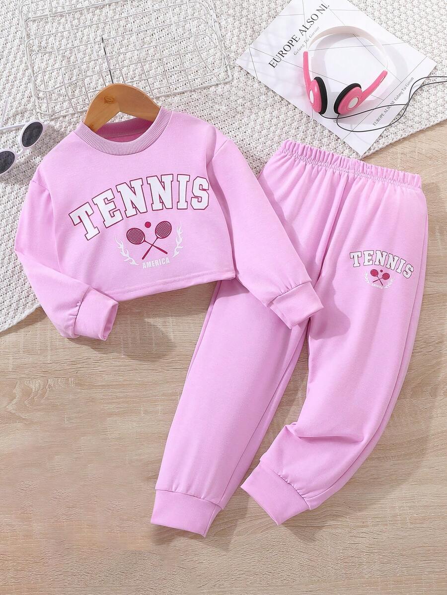 SHEIN Cô Gái Trẻ Đồ họa Chữ cái Áo len & Quần nỉ - Hồng - Xem 1