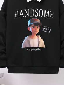 SHEIN Tween Boy Slogan & Figure Graphic Drop Shoulder Sweatshirt Without Necklace - Black - View 6