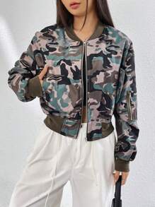 SHEIN EZwear 迷彩印花翻蓋口袋飛行員夾克 - 軍綠色 - 查看 3