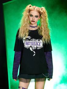 Beetlejuice | ROMWE 2 In 1 Striped Sleeve Letter Graphic Tee - Black - View 5