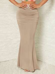 SHEIN SXY Ruched Mermaid Hem Solid Skirt - Khaki - View 4