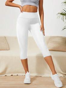 Easithlete Wide Waistband Capri Sports Leggings With Phone Pocket - White - View 3