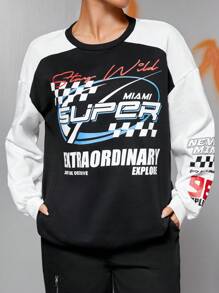 SHEIN EZwear Letter Graphic Drop Shoulder Sweatshirt - Black and White - View 1