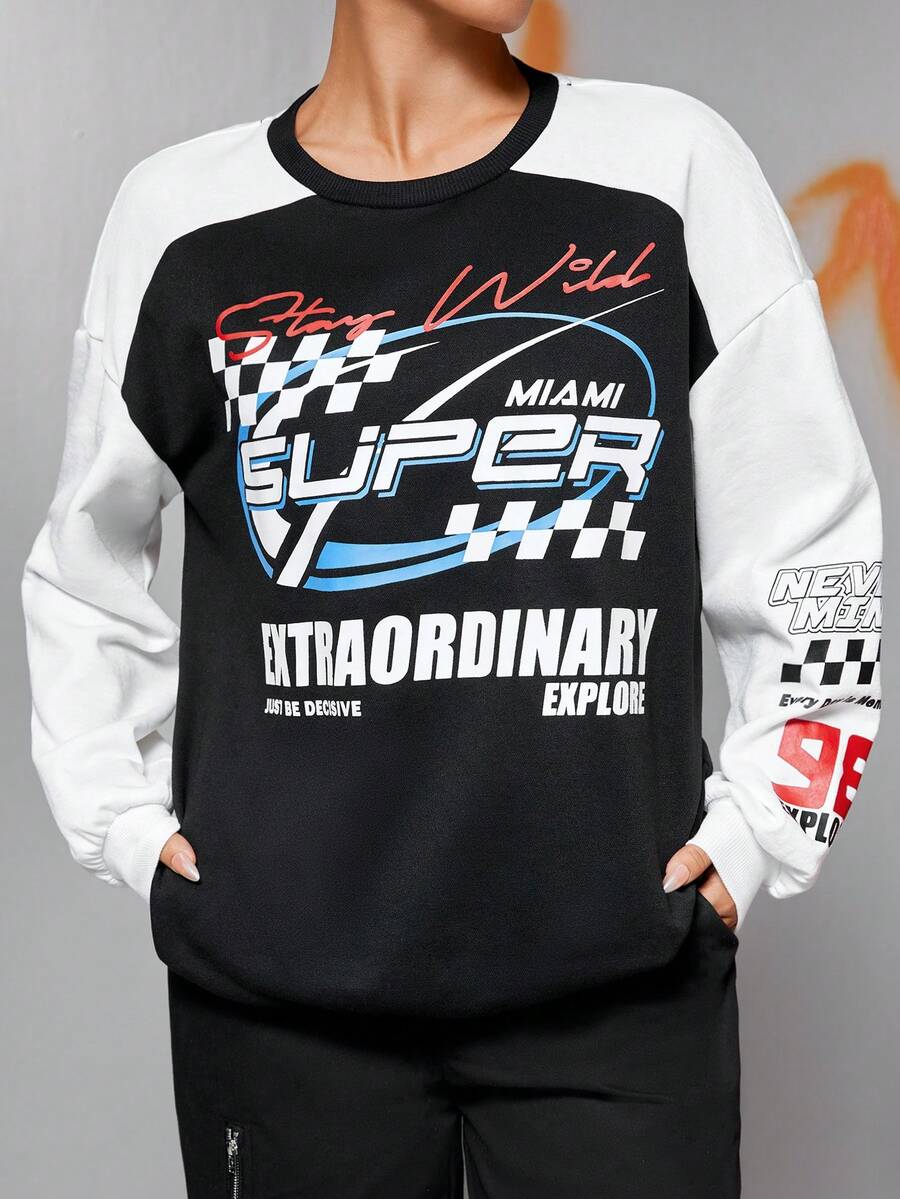 SHEIN EZwear Letter Graphic Drop Shoulder Sweatshirt - Black and White - View 1