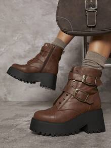 SHUZIA Da giả Buckled Lug Sole Giày ống Tây Combat - Rỉ Nâu - Xem 5