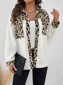 SHEIN LUNE Leopard Print Drop Shoulder Teddy Coat - Multicolor - View 3