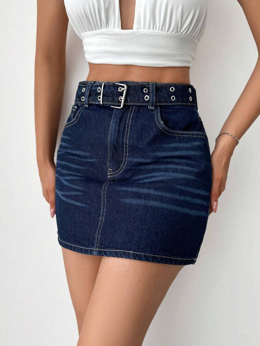 EURMUSE Solid Belted Bodycon Denim Skirt - Dark Wash - View 1