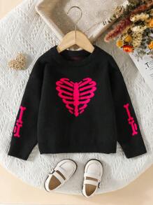SHEIN Young Girl Skeleton Pattern Drop Shoulder Sweater - Black - View 1