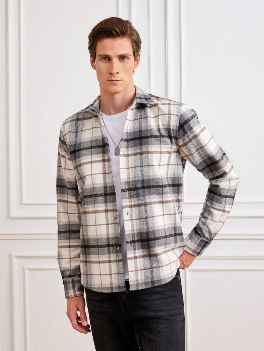 RueChic Men Plaid Print Button Front Shacket - Multicolor - View 1