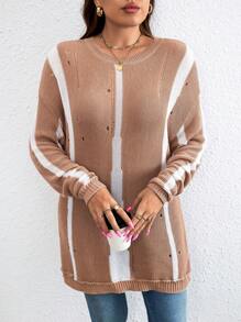 SHEIN LUNE Talla grande Jersey de color combinado de hombros caídos desgarro