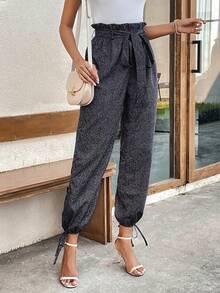 SHEIN LUNE Nếp gấp cao eo Nút viền Thắt lưng Quần - Màu xám đen - Xem 5