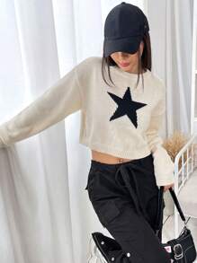 Muchica Hình sao Thả vai Áo len Crop - Màu be - Xem 4