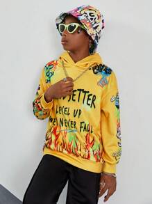 Tween Boy Slogan & Fire Print Hoodie & Hat - Yellow - View 5
