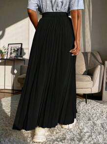 Mulvari Solid Pleated Longline Skirt - Black - View 2