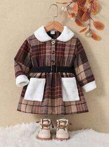 Váy Bé Gái Tương phản ren Túi Nút phía trước Hình học Sọc ca rô - màu nâu - Xem 3