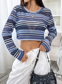 SHEIN EZwear 條紋印花短款T恤 - 藏蓝色 - 查看 1