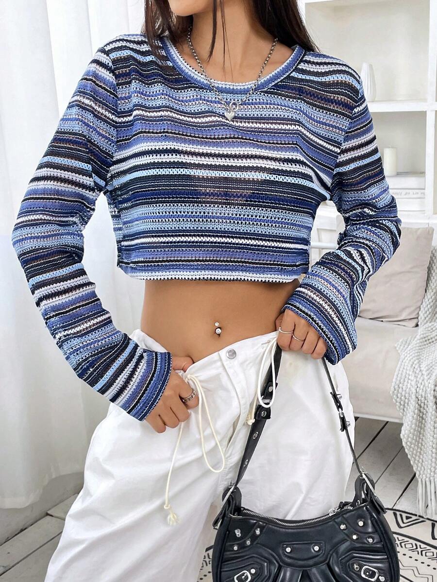 SHEIN EZwear 條紋印花短款T恤 - 藏蓝色 - 查看 1