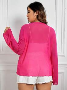 SHEIN EZwear Plus Solid Drop Shoulder Mesh Top Without Cami - Hot Pink - View 2