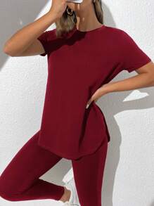 SHEIN Essnce Solid Split Hem Tee & Leggings - Burgundy - View 5