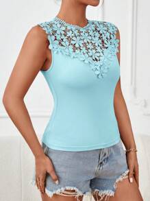 SHEIN Clasi Bảng điều khiển ren Guipure Lỗ khóa trở lại Áo ba lỗ - Màu xanh nhạt - Xem 5