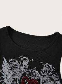 SHEIN ICON Heart & Wing Print Crop Tank Top - Black - View 3