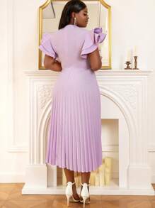 Đầm midi thanh lịch cổ vuông xếp nếp tay lỡ màu tím nhạt cỡ lớn cho nữ - Màu Lilac Tím - Xem 2