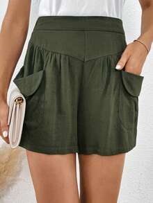 SHEIN LUNE High Waist Dual Pocket Shorts - Army Green - View 6