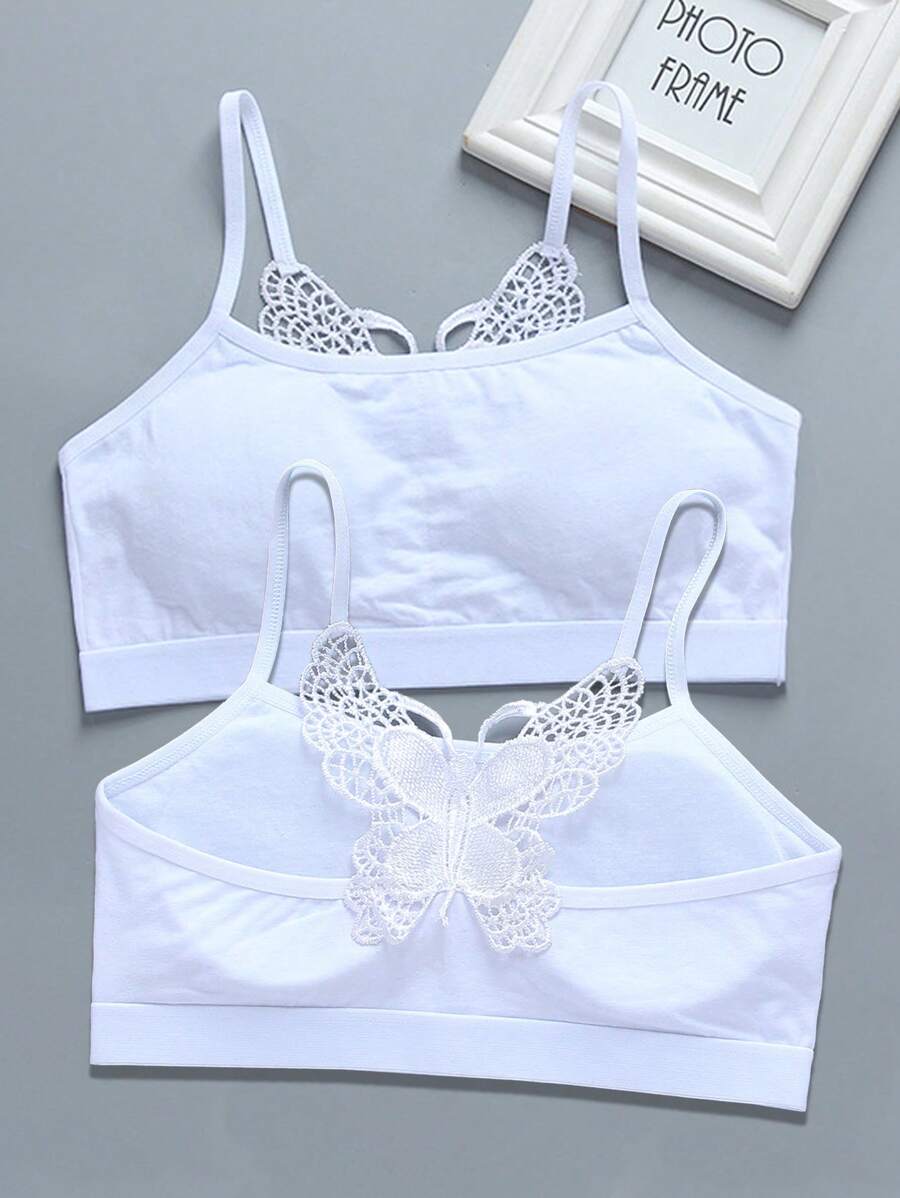 青少年女孩2入組蕾絲拼接吊帶內衣 - 白色 - 查看 1