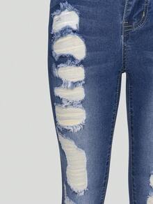 Teen Girls Ripped Raw Hem Jeans - Dark Wash - View 4