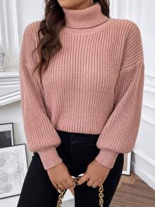Vionelle Plus Turtleneck Drop Shoulder Sweater, For Winter Knit Pullover Fall Outfit Autumn - Dusty Pink - View 1