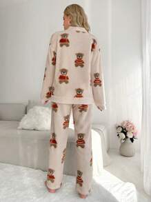 熊图案落肩法兰绒睡衣套装 / 睡衣套装 - 米色 - 查看 2