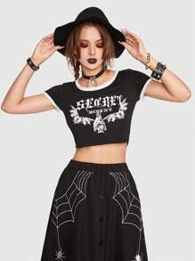 ROMWE Goth 字母圖案撞色滾邊短款T恤 - 黑與白 - 查看 2