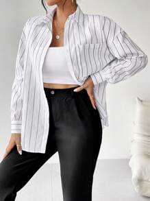 SHEIN Essnce Áo Sơ Mi Sọc Dài Tay Xuân Thu Nữ - trắng - Xem 4