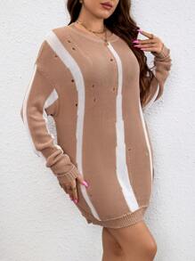 SHEIN LUNE Talla grande Jersey de color combinado de hombros caídos desgarro