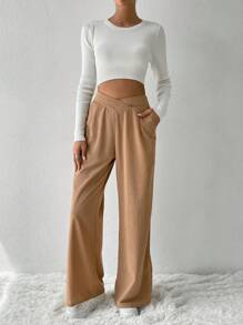 SHEIN Unity Asymmetrical Waist Wide Leg Pants - Khaki - View 5