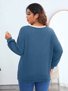 SHEIN Essnce Hơn Khối màu Ren tương phản Thả vai Áo nỉ - Màu xanh bụi bặm - Xem 2